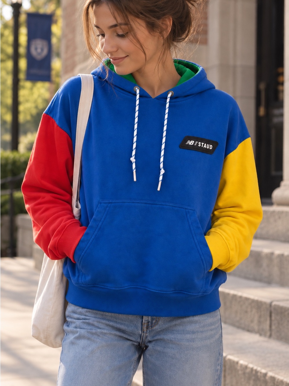 New Balance x STAUD Hooded Colorblock Track Jacket Blue Size M - Picture 6 of 6